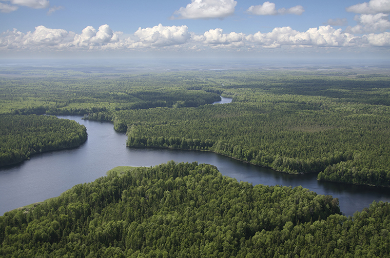 Boreal forest plain, lakes, river, aerial, forest, northern