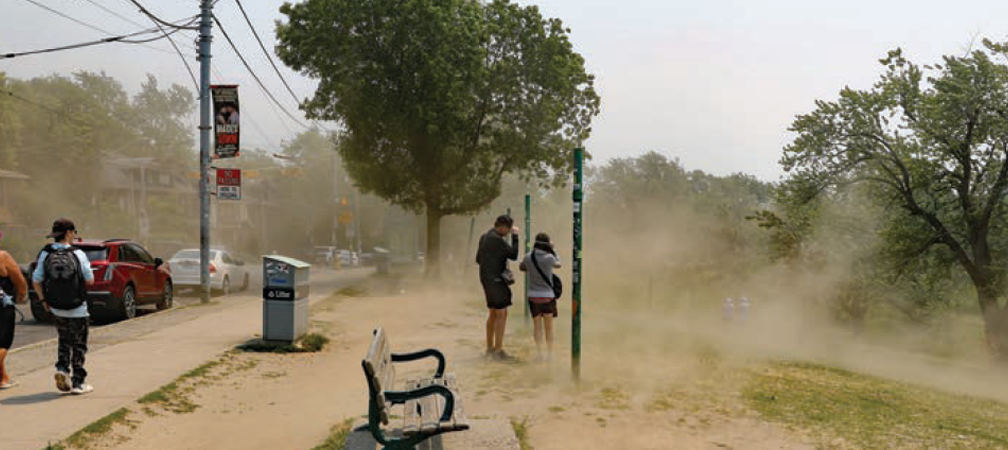 During a heat wave a cloud of dust covers pedestrians with dirty stinging granules near the Danforth beside a dry and desicated Danforth Park