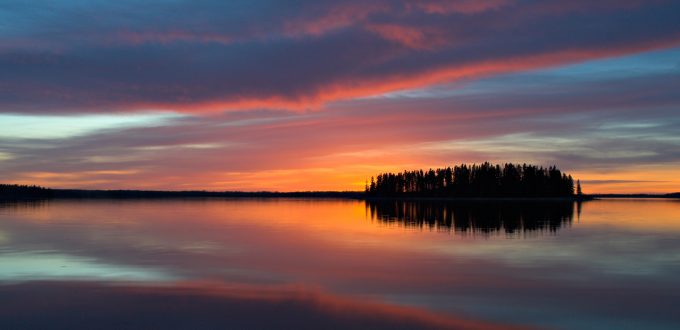 sunset, island, northern lake